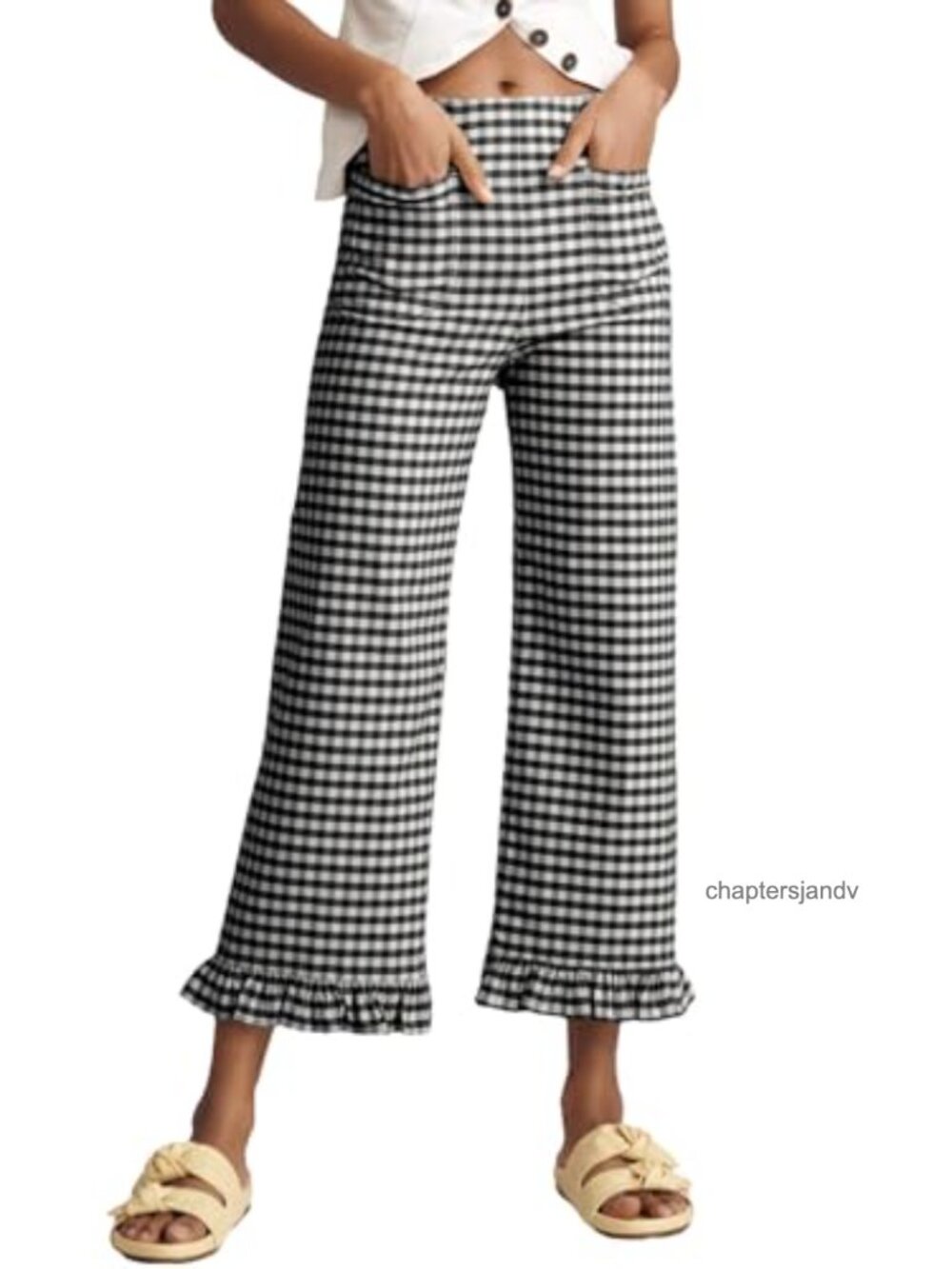 Gingham Ruffle Cropped Trousers High Waist Straight Leg Pull On Pockets